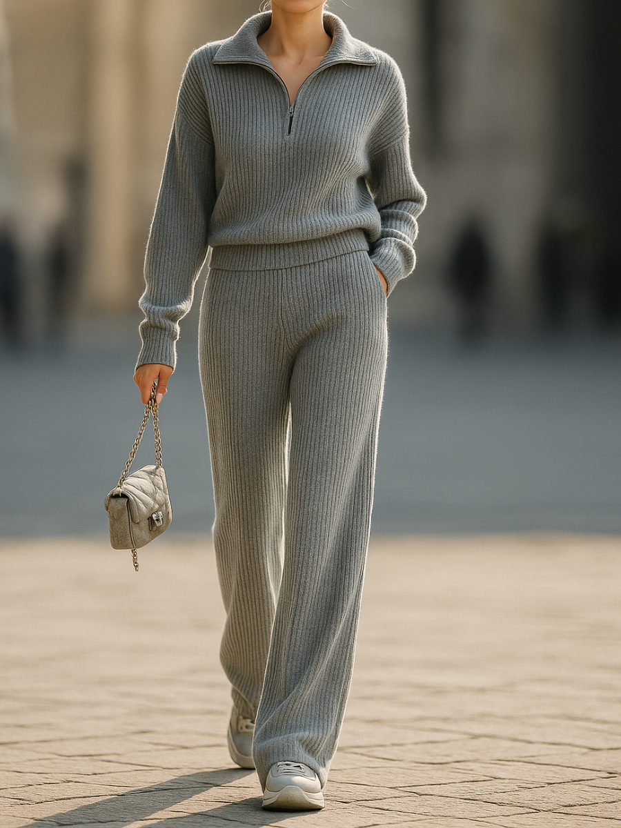 Ensemble côtelé deux pièces de luxe avec demi-fermeture éclair