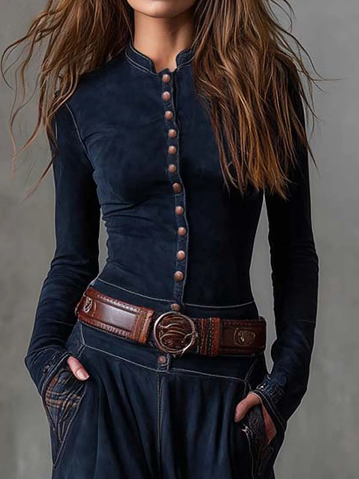 Robe Maxi Vintage en Daim avec Panneaux à Carreaux