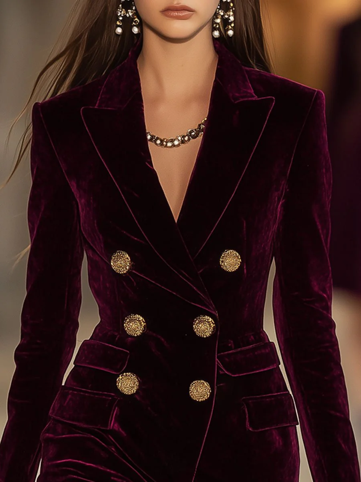 Robe Blazer en Velours à Boutons Dorés